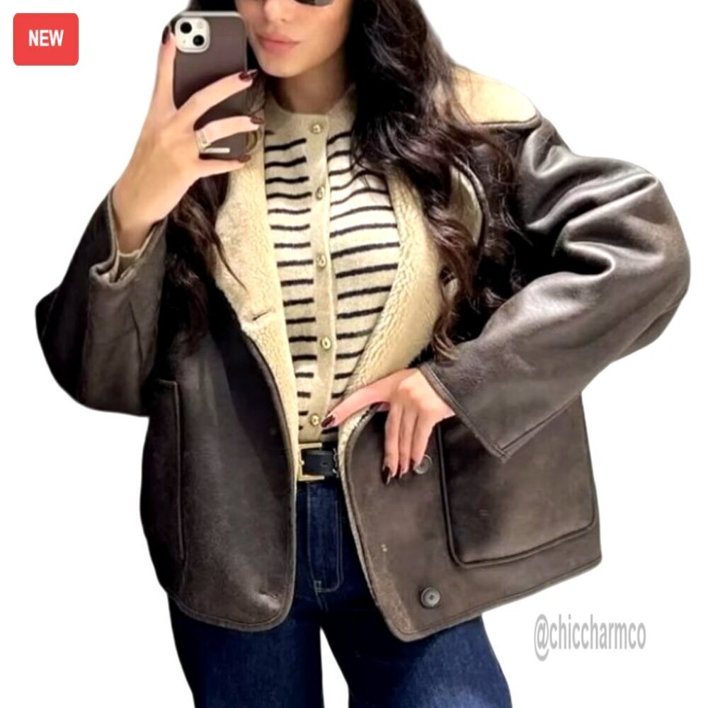 Oversized Faux Suede Leather Trucker Jacket Fleece Lined Chic Winter Coat